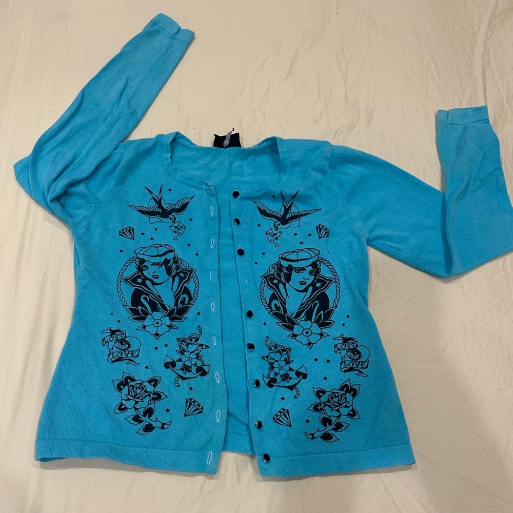 Sourpuss Turquoise Blue Graphic Button-Up Cardigan - Picture 4 of 14